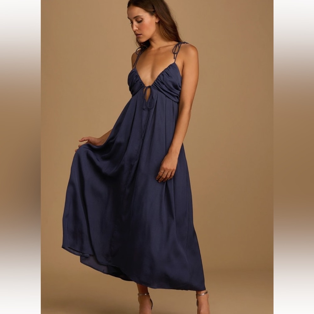 Lulus confidence check navy blue satin tie-back maxi dress xs
